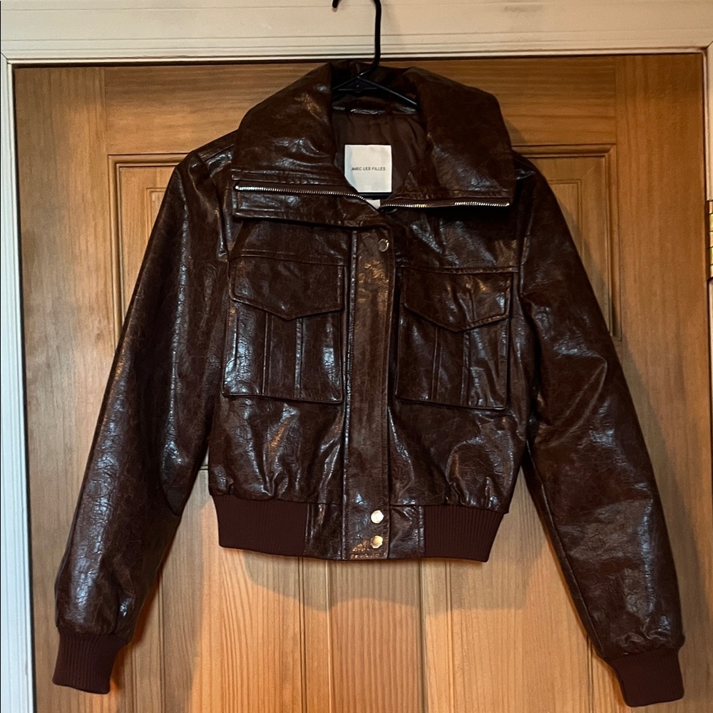 Avec Les Filles Chocolate Brown Leather Bomber Jacket